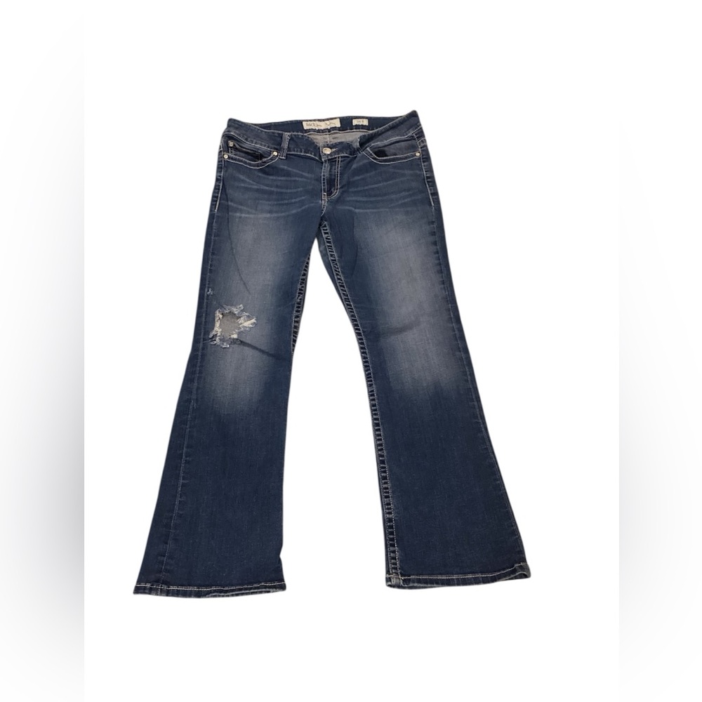 Women’s Dark Blue Flared Jeans with Distressed Detail